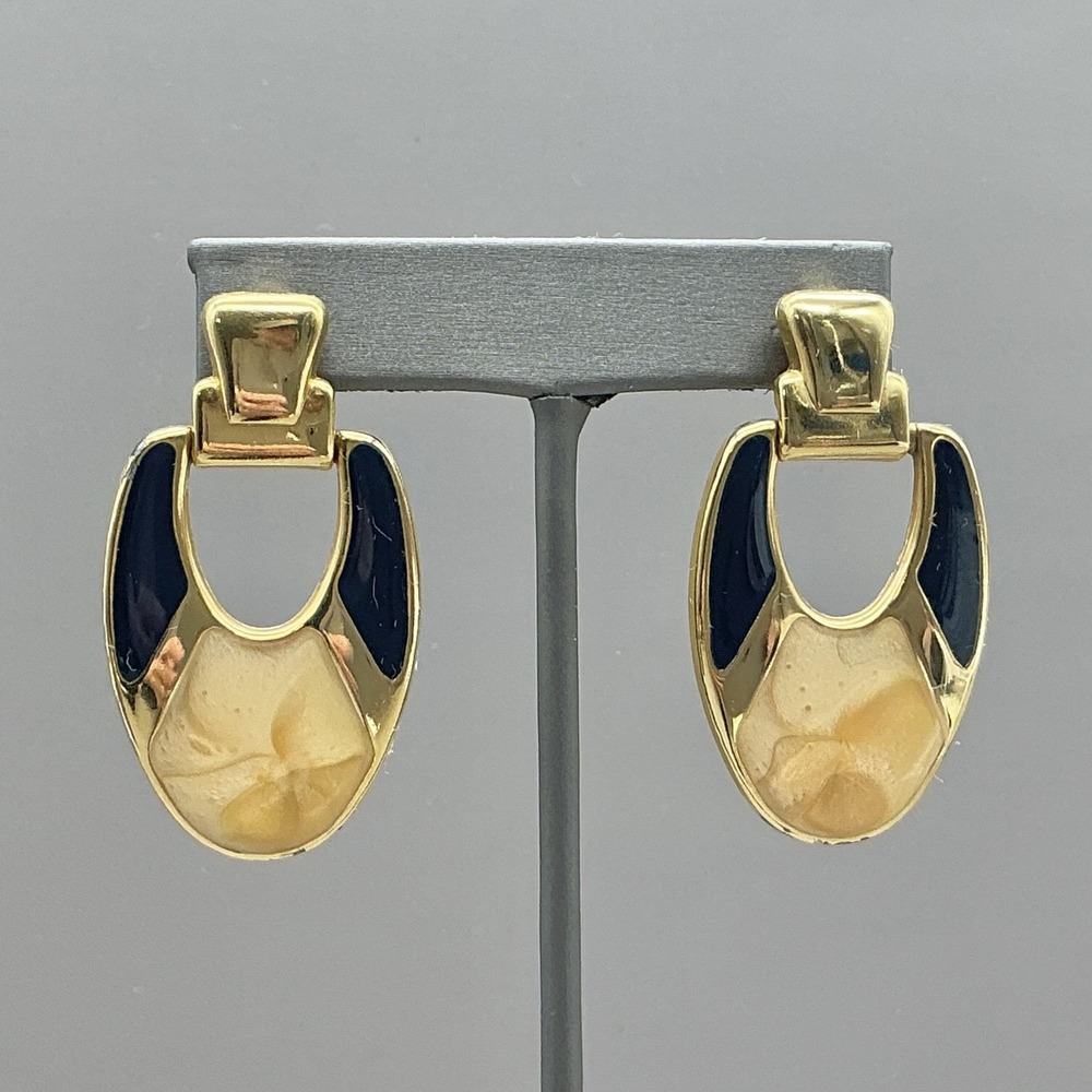 Earrings Gold Tone Navy Enamel‎ Cream Resin Oval Dangle Drop Womens Jewelry 2"